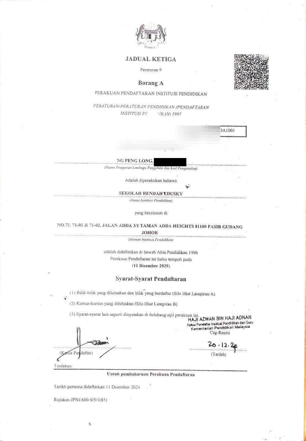 KPM Education Institution Registration Certificate JDA1001 for Sekolah Rendah Edusky