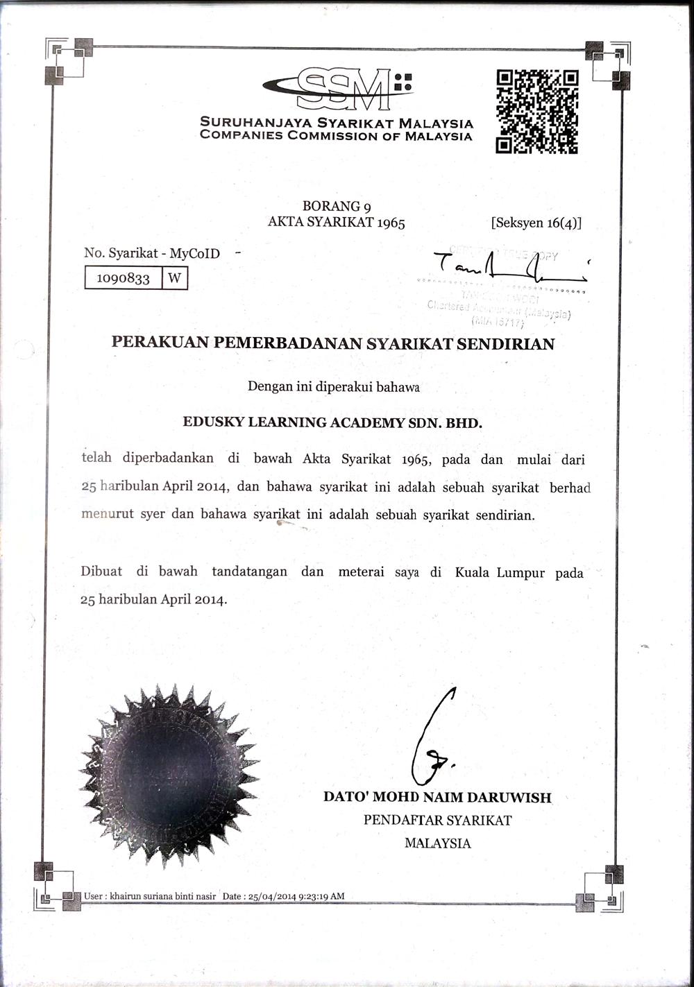 SSM Certificate of Incorporation for Edusky Learning Academy Sdn Bhd MyCoID 1090833-W